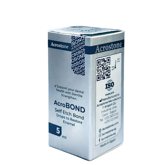 Acrostone AcroBond dental product packaging on a blurred dental office background