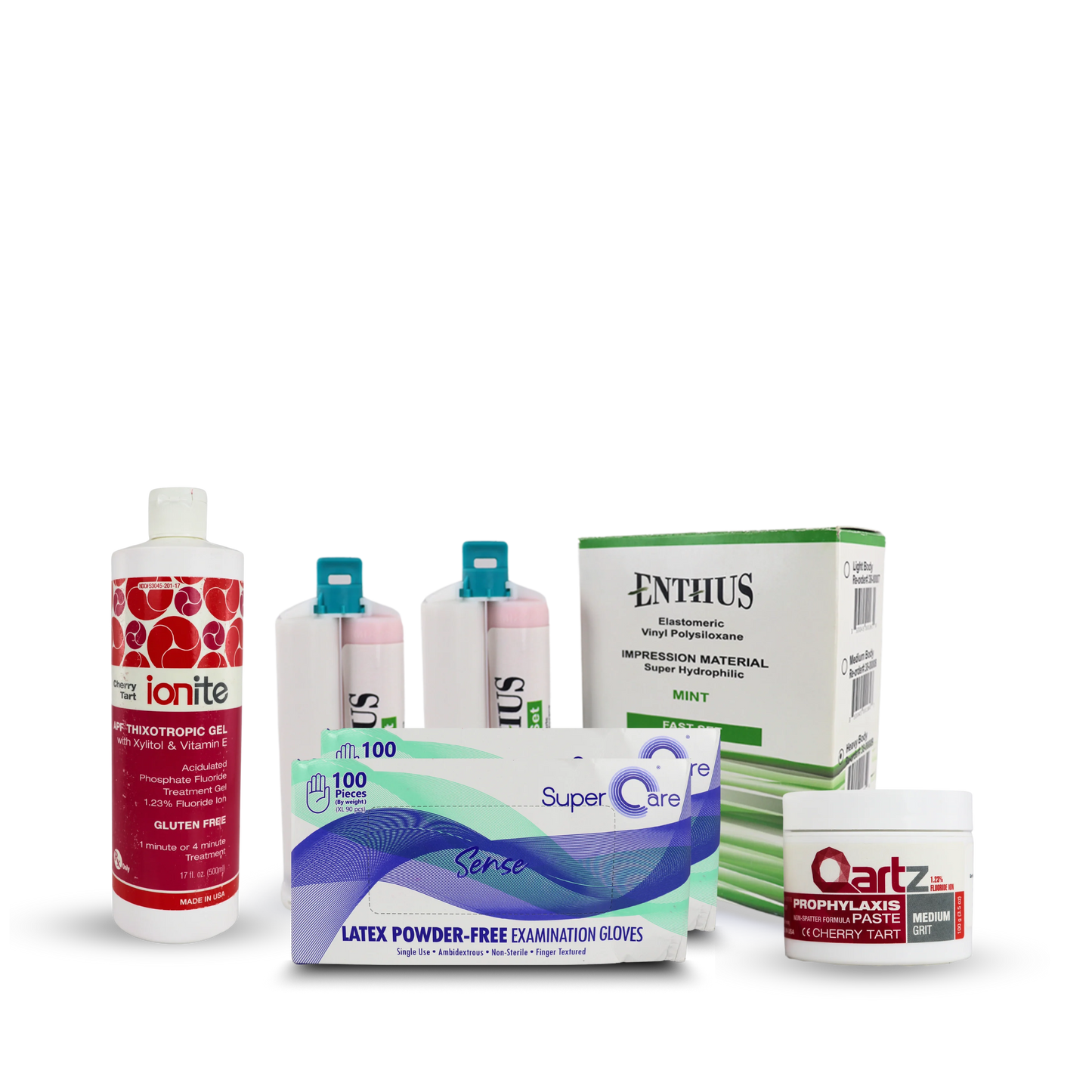 Fluoride Gel + Qartz Prophylaxis Jars + Light additional silicone impressions material + 2 of Super Care Latex powder Free