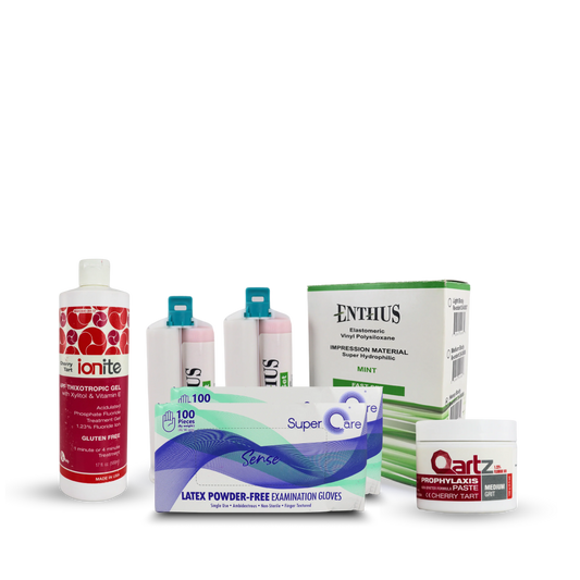 Fluoride Gel + Qartz Prophylaxis Jars + Light additional silicone impressions material + 2 of Super Care Latex powder Free