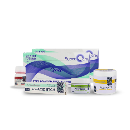 Acro Gel + Acro Polish + Acro Acid Etch + Acrostone Alginate Impression Material + 2 of Super Care Latex powder Free Examination gloves green