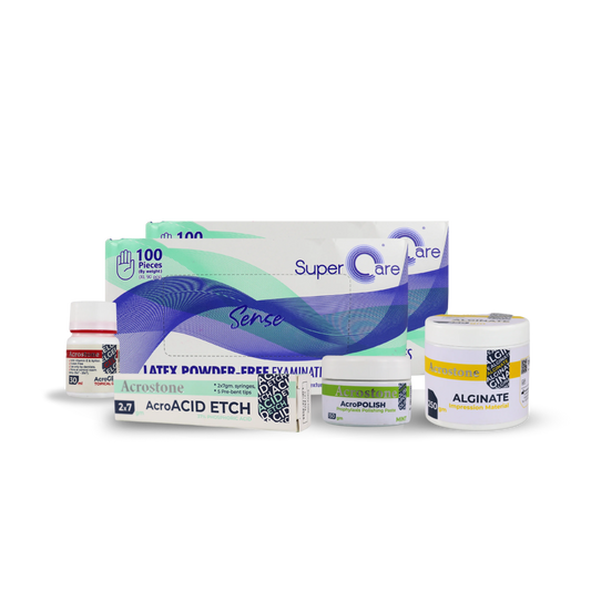 Acro Gel + Acro Polish + Acro Acid Etch + Acrostone Alginate Impression Material + 2 of Super Care Latex powder Free Examination gloves green